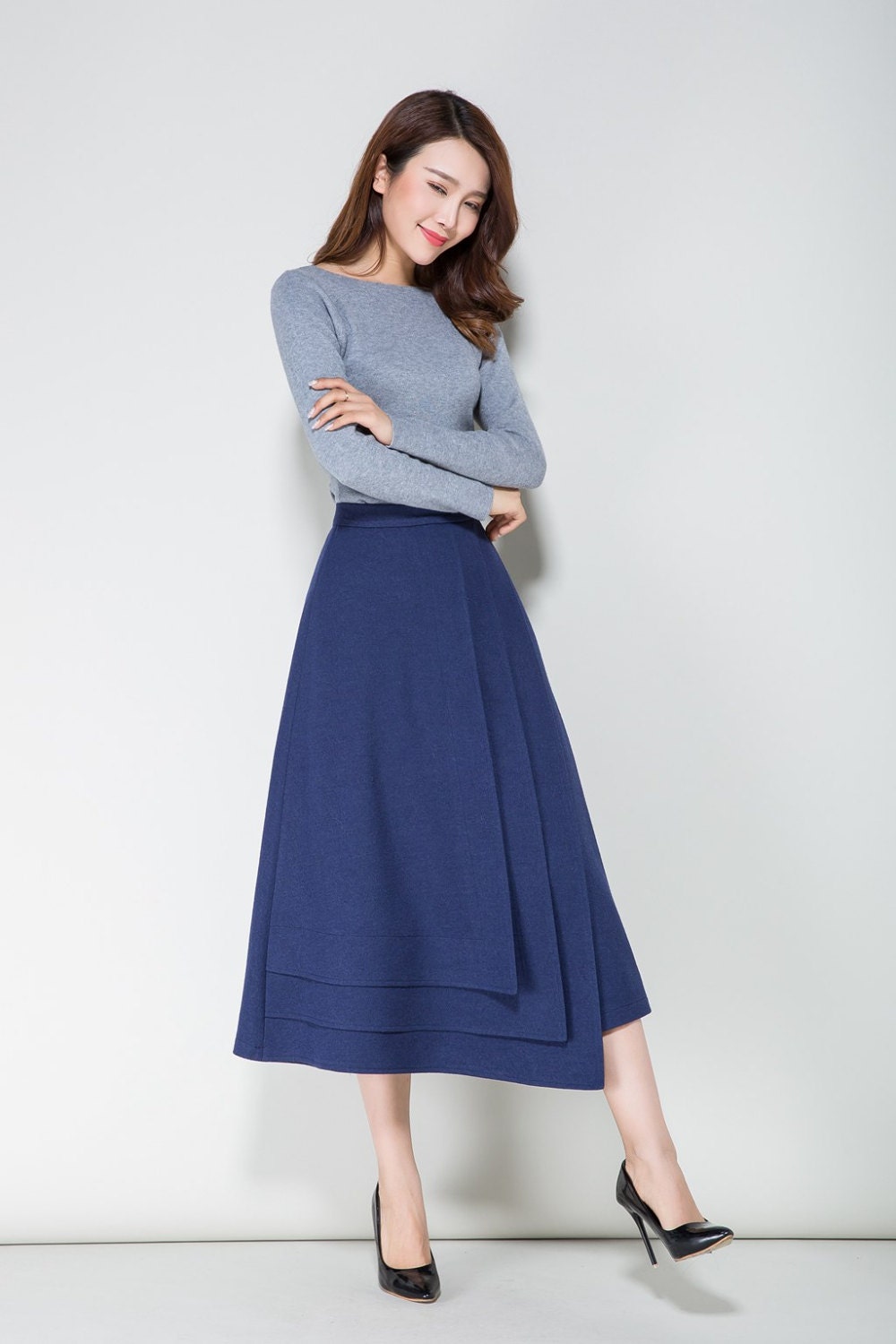 Blue skirt wool skirt winter skirt tiered skirt fitted | Etsy