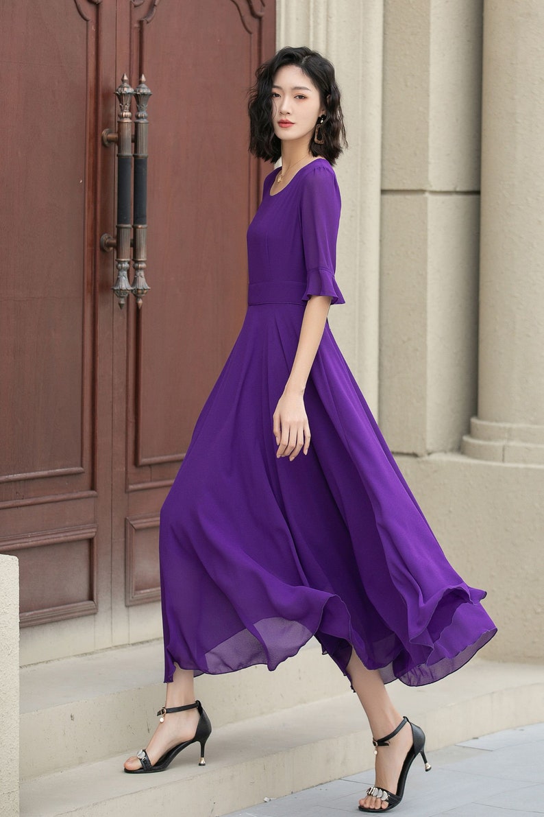 Women's Chiffon Dress, A Line Summer Chiffon Dress, Purple Boho Dress, Big Swing Dress, Circle Chiffon Dress, Ankle Length Dress 5116 image 7