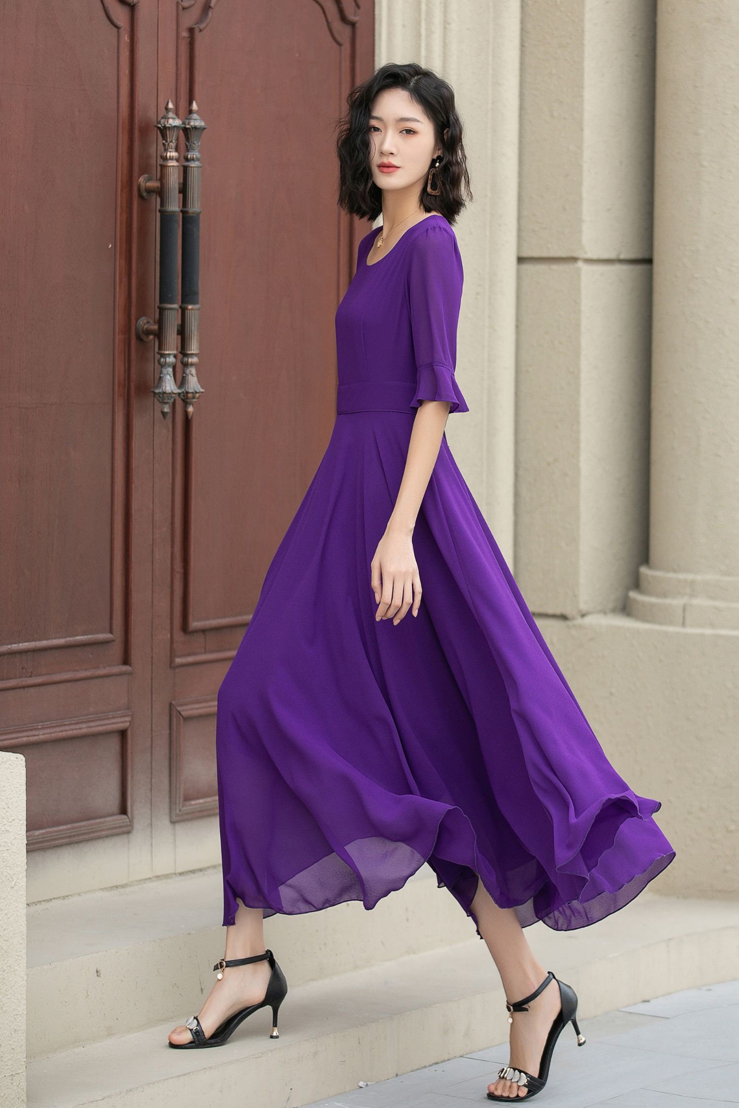 chinese dress ladies A-Line Tulle Purple Long Prom Dresses, Purple Formal Evening Dress –  dresstby main image 1