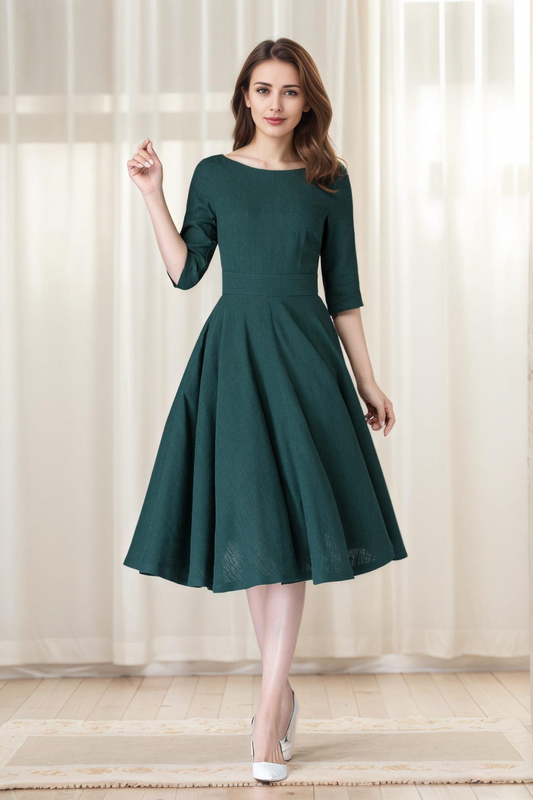 Modest Midi Dress, Half Sleeve Linen Swing Dress, Womens Dress