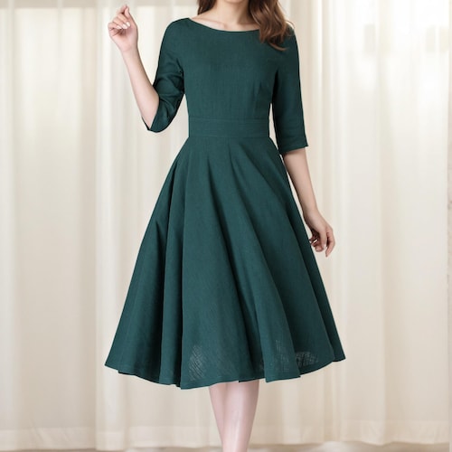 Linen Summer Midi Flare Dress | Xs Green Elegant Fit And Swing Dress, Handmade By Xiaolizi