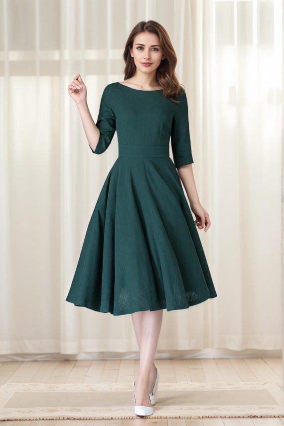 green emerald velvet dress Modest Bell Sleeve Pencil Dress | Dress main image 0