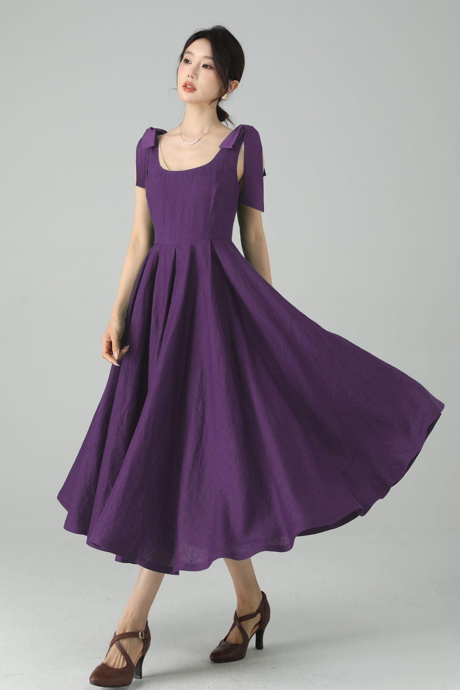Purple Linen Midi Dress Sleeveless Fit and Flare Summer Dress for — free download