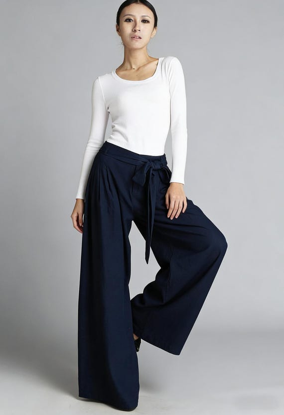 Navy Blue Linen Palazzo Pants, Wide Leg Summer Trousers, Custom