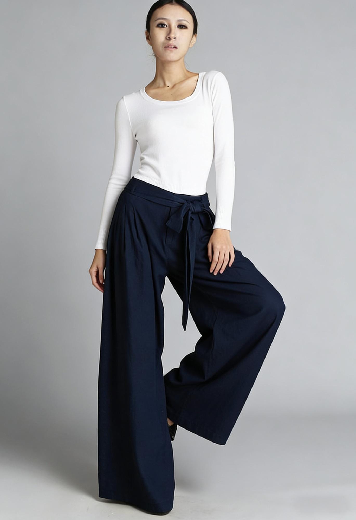 Navy Blue Linen Palazzo Pants, Wide Leg Summer Trousers, Custom, Xiaolizi 0471#