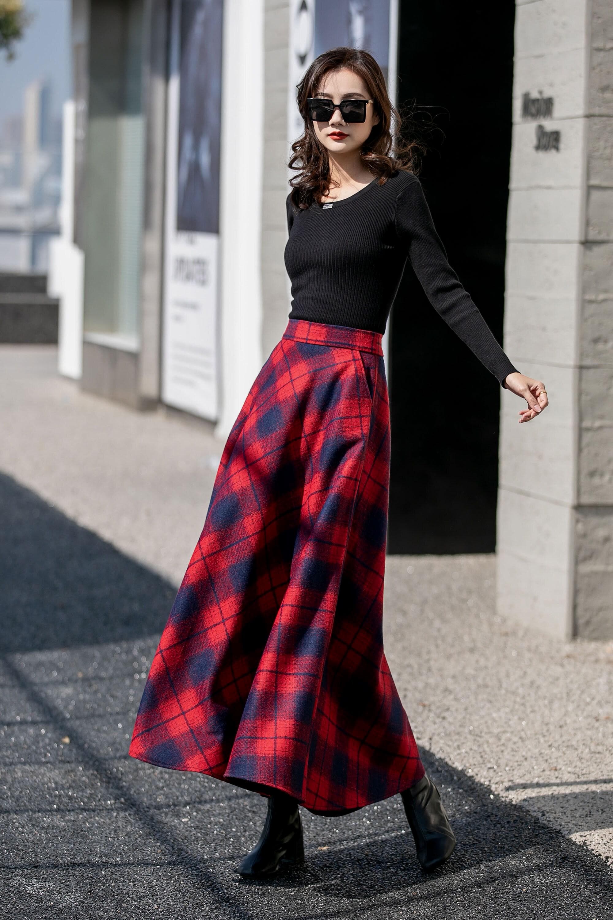 Vintage 1950s Plaid Wool Maxi Skirt, High Waisted Skirt, Long