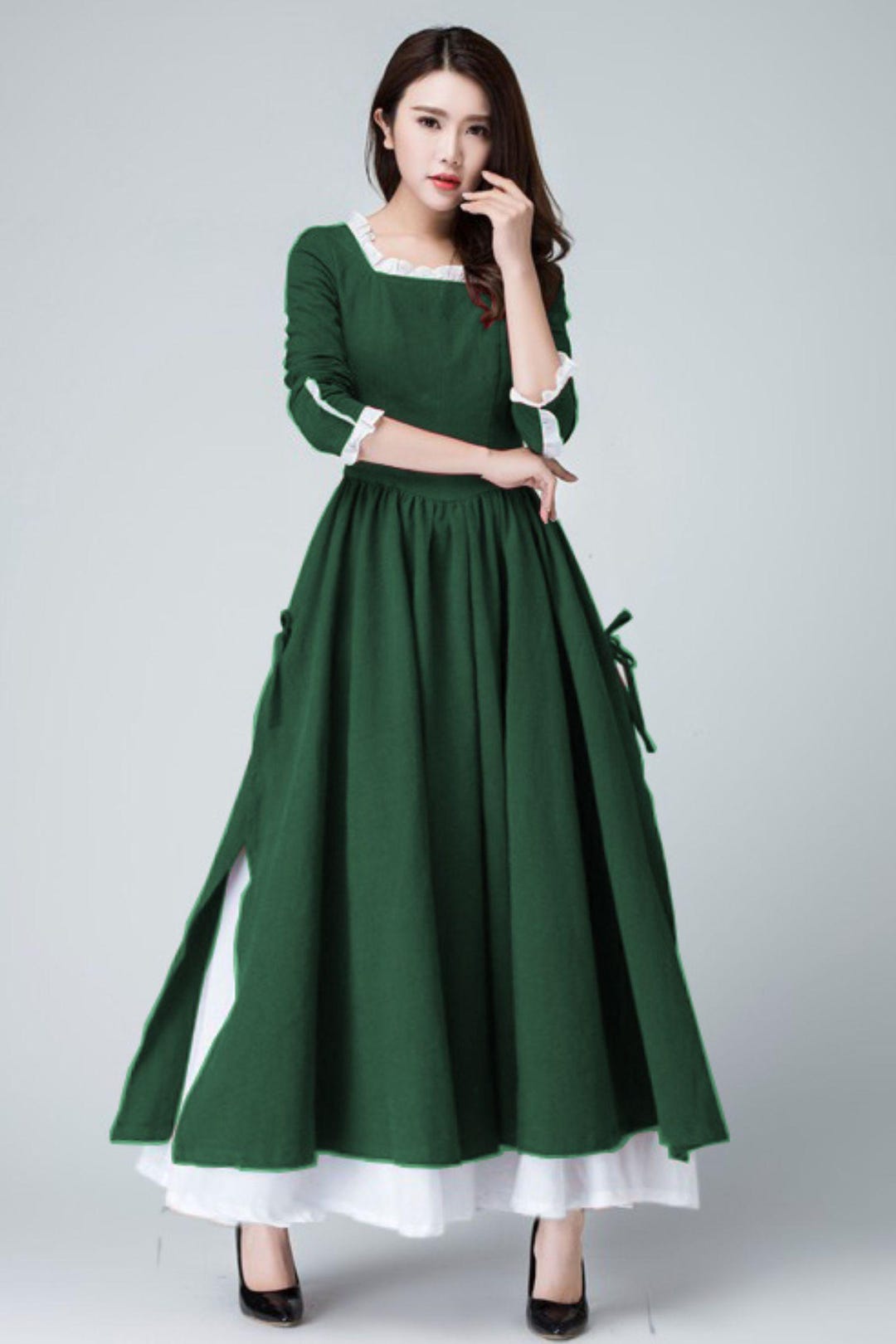 green emerald velvet dress Cottagecore Dress
