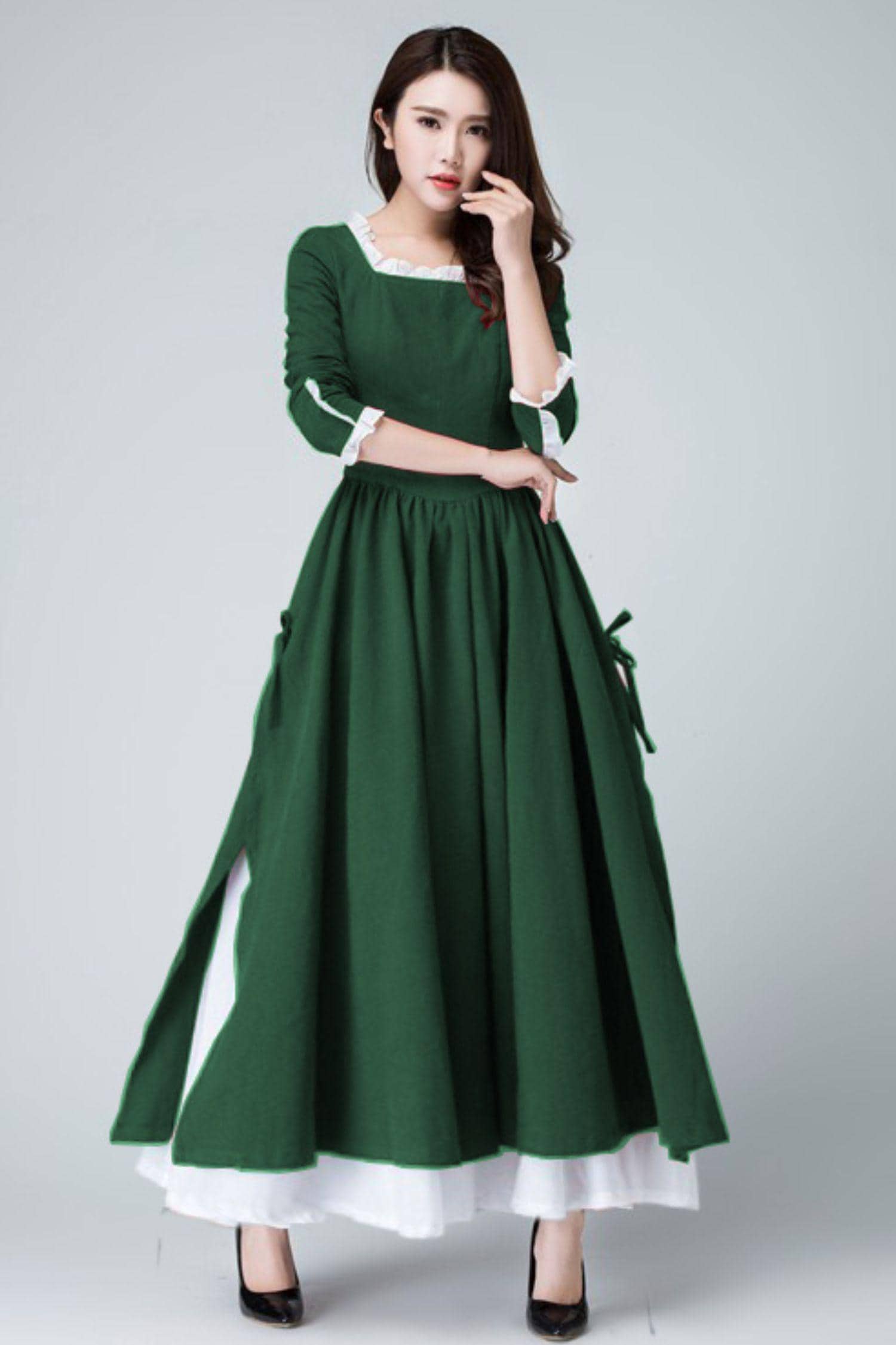 Zara Long Green Linen Dress Green Linen Maxi Dress: Victorian Cottagecore  Style With Tulle, Custom, Xiaolizi 6317#