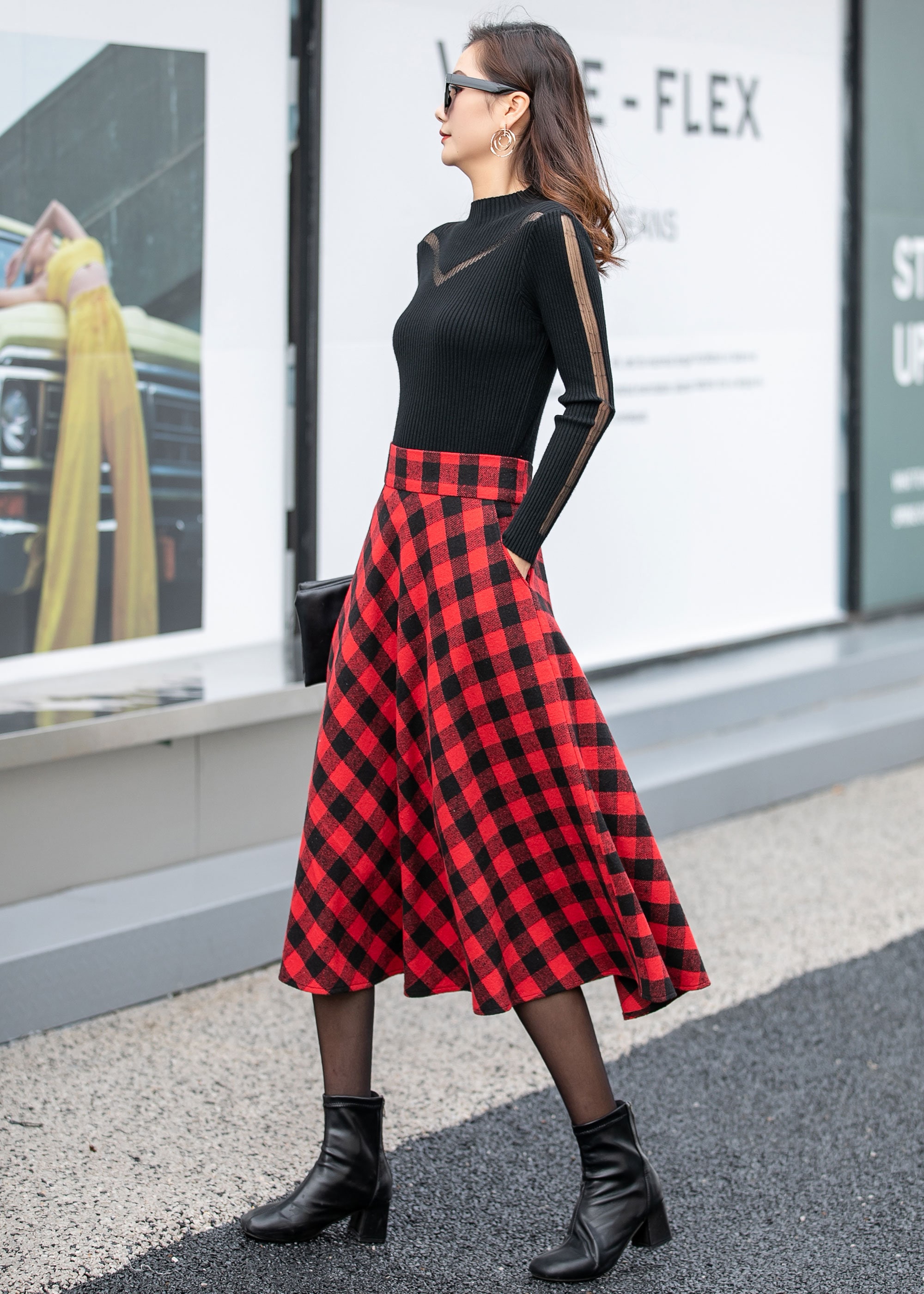 Red Plaid Wool Midi Skirt, A-line Flared Handmade, Xiaolizi 4162