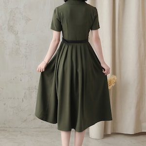 Midi shirt dress for Women, Pleated Shirt work Dress, Green Fit Flare Summer Midi Dress, Military Swing Dress, Short Sleeve Long Dress 2821 image 5