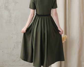 Military-inspired Dress, Army Green Midi Shirt Dress for