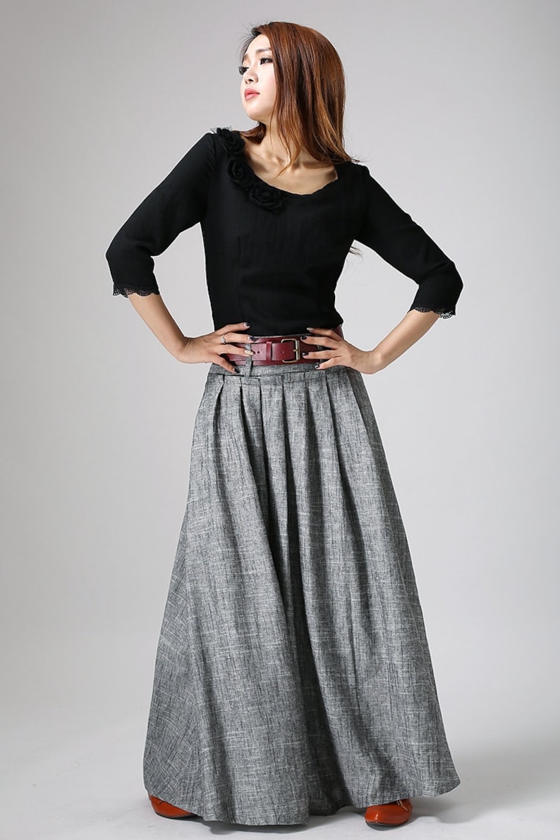 women linen maxi skirt, swing long pleated skirt, gray skirt, pockets skirt, casual skirt, xiaolizi 0911 image 6