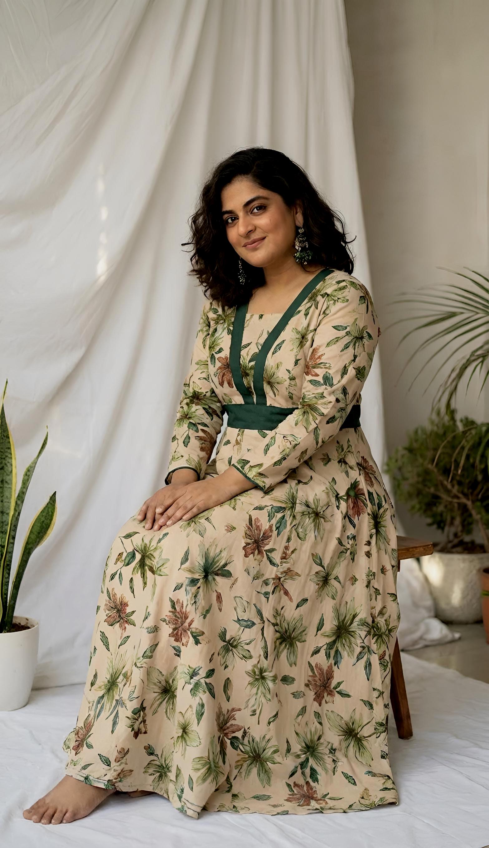 Vintage Floral Print Linen Dress, Long Sleeve Fit and Flare, Custom, Xiaolizi 1580#