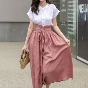 Pink Linen skirt, Long linen skirt for women, pleated linen maxi skirt, High waist Swing skirt with pockets, Womens skirt, Xiaolizi 4261# image 3