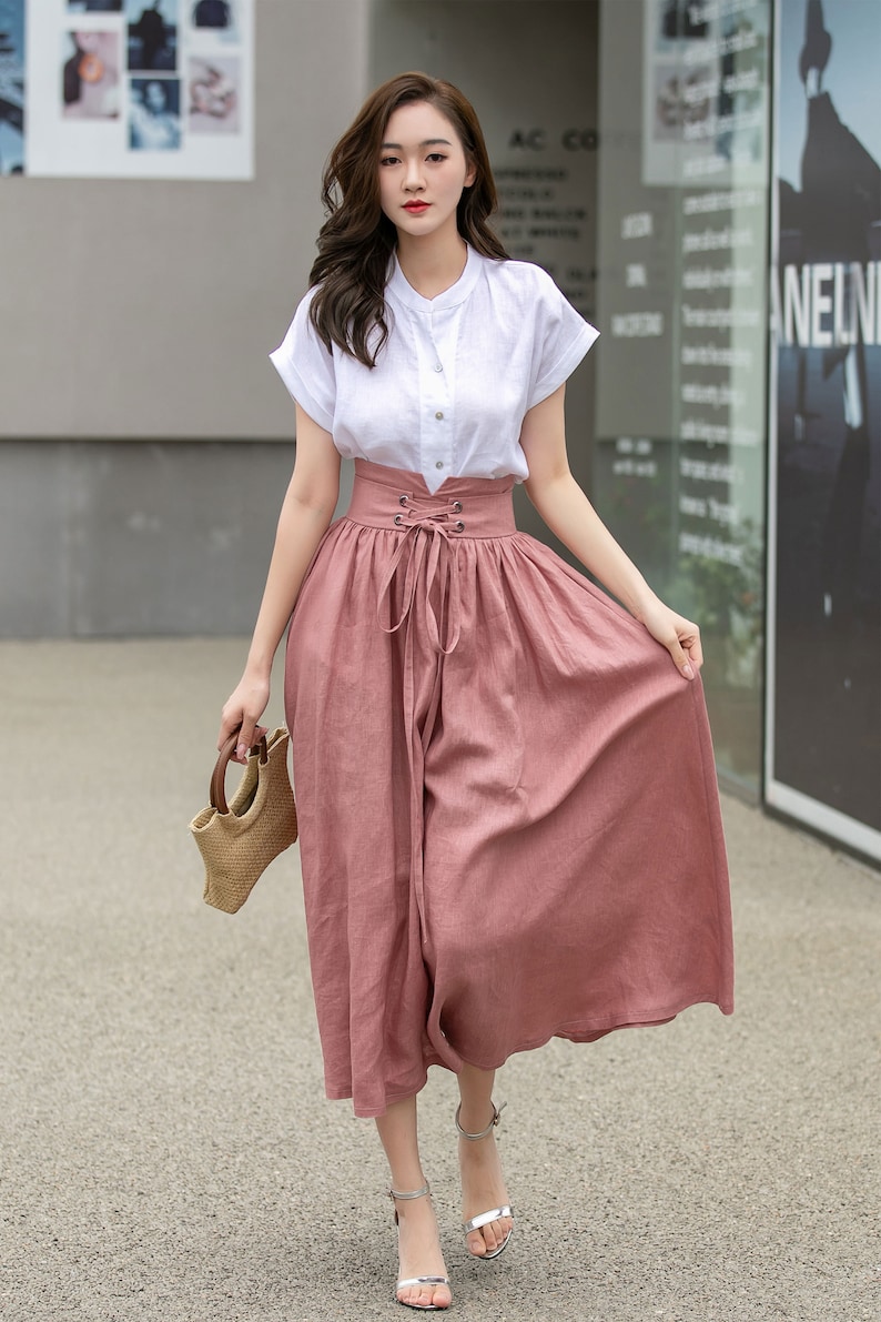 Pink Linen skirt, Long linen skirt for women, pleated linen maxi skirt, High waist Swing skirt with pockets, Womens skirt, Xiaolizi 4261# image 3