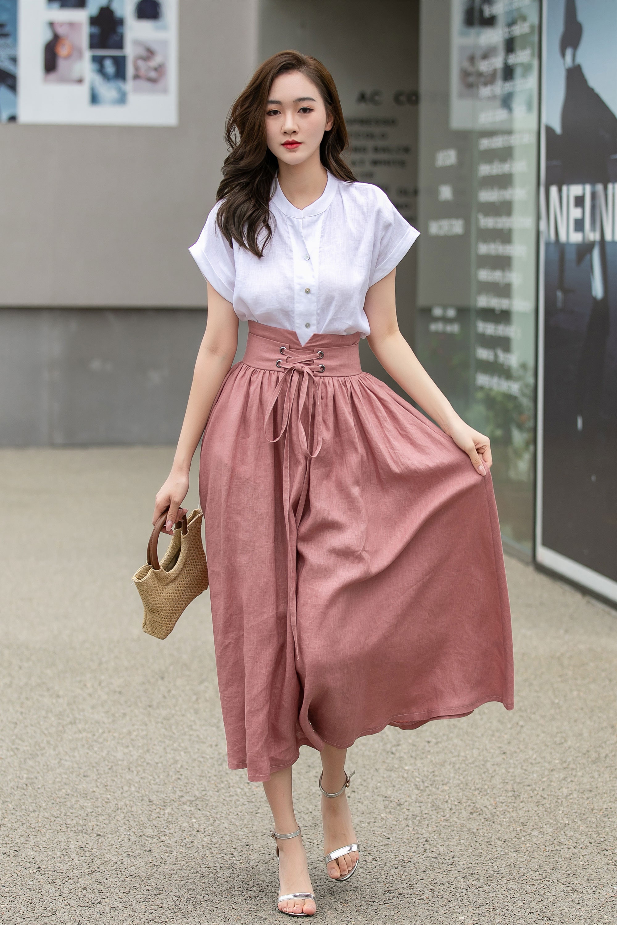 Pink Linen Skirt, Long Linen Skirt for Women, Pleated Linen