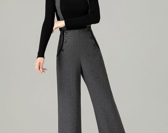 Gray Suspender Wool Pants Women, Autumn Winter Straight-leg