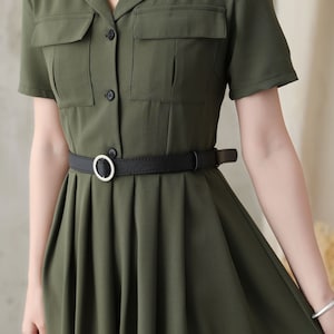 Midi shirt dress for Women, Pleated Shirt work Dress, Green Fit Flare Summer Midi Dress, Military Swing Dress, Short Sleeve Long Dress 2821 image 7