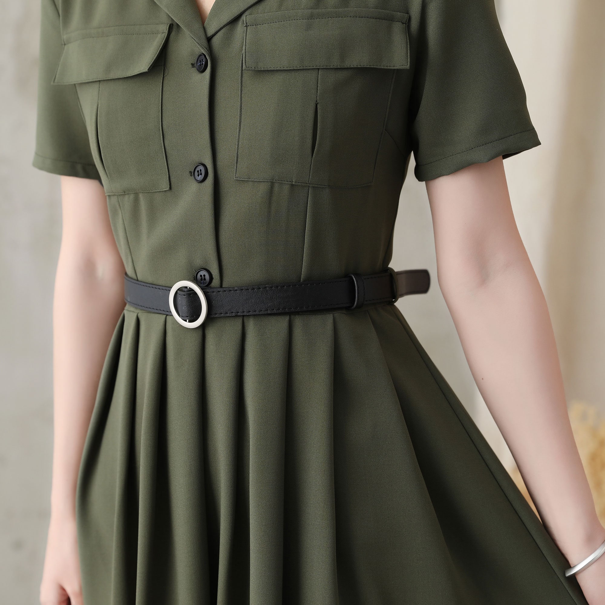 Military-inspired Dress, Army Green Midi Shirt Dress for