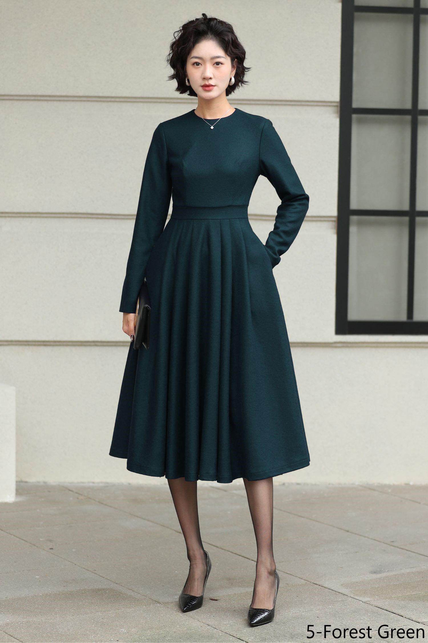 Handmade Navy Wool Midi Dress – 1950s Fit and Flare, Long Sleeves