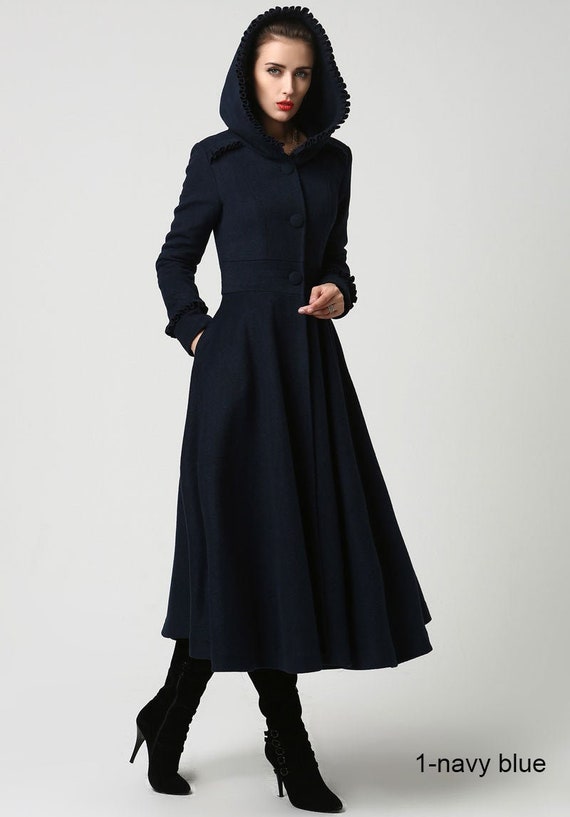 Womens Long Wool Coat with Hood and Ruffle 1102 Womens Long Wool Coat with Hood and Ruffle 1102