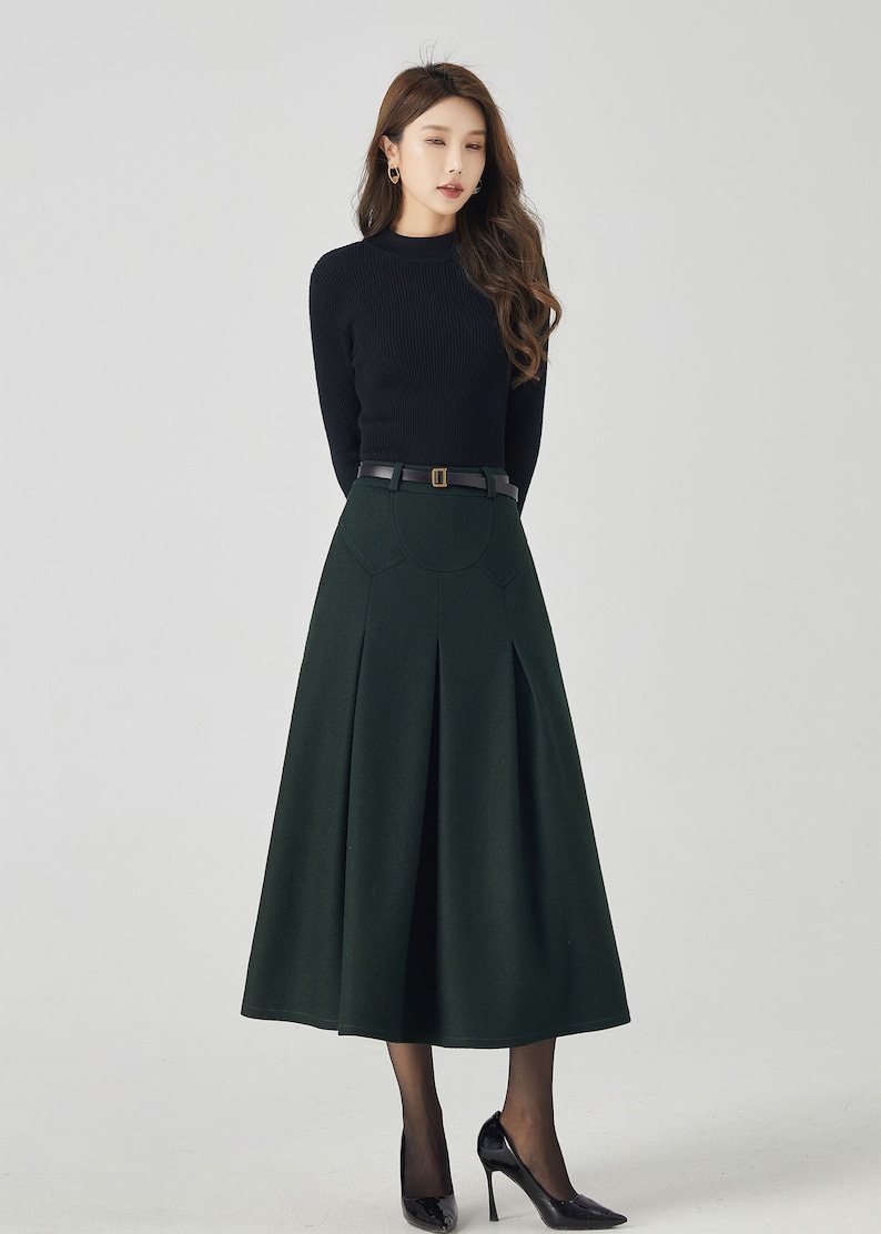 Midi Wool Skirt, Pleated Wool Skirt, Dark Green Skirt with Pockets, Womens Swing Skirt, Autumn Winter Skirt, Custom Skirt, Xiaolizi 4532 image 7