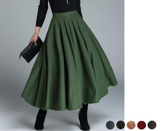 50s Green Long Wool Skirt, Wool Circle Skirt, Vintage Inspired Pleated Long Skirt, High Waist Skirt, Swing Skirt, Autumn Winter skirt 1641