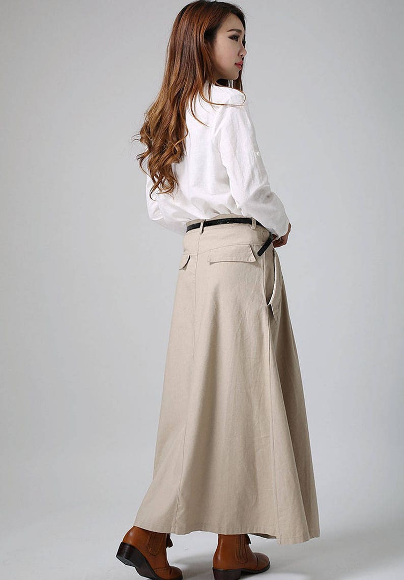 Khaki skirt, maxi skirt, long skirt, casual skirt, linen skirt, summer skirt, pleated skirt, fitted skirt, pockets skirt, gift ideas 0903 image 4