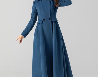 新品　定価94600 unused wool long coat Wool Coat, Blue Midi Wool Coat, Long Wool Coat, Swing Wool