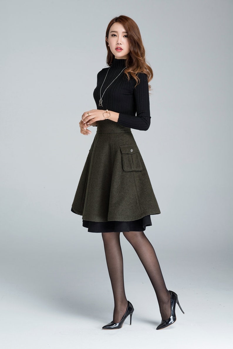 Winter Skater Wool Skirt Women, Wool Midi Skirt with Pockets, High Waist Layered Skirt, Patchwork Skirt, Wool Circle Skirt, Xiaolizi 1627 image 6