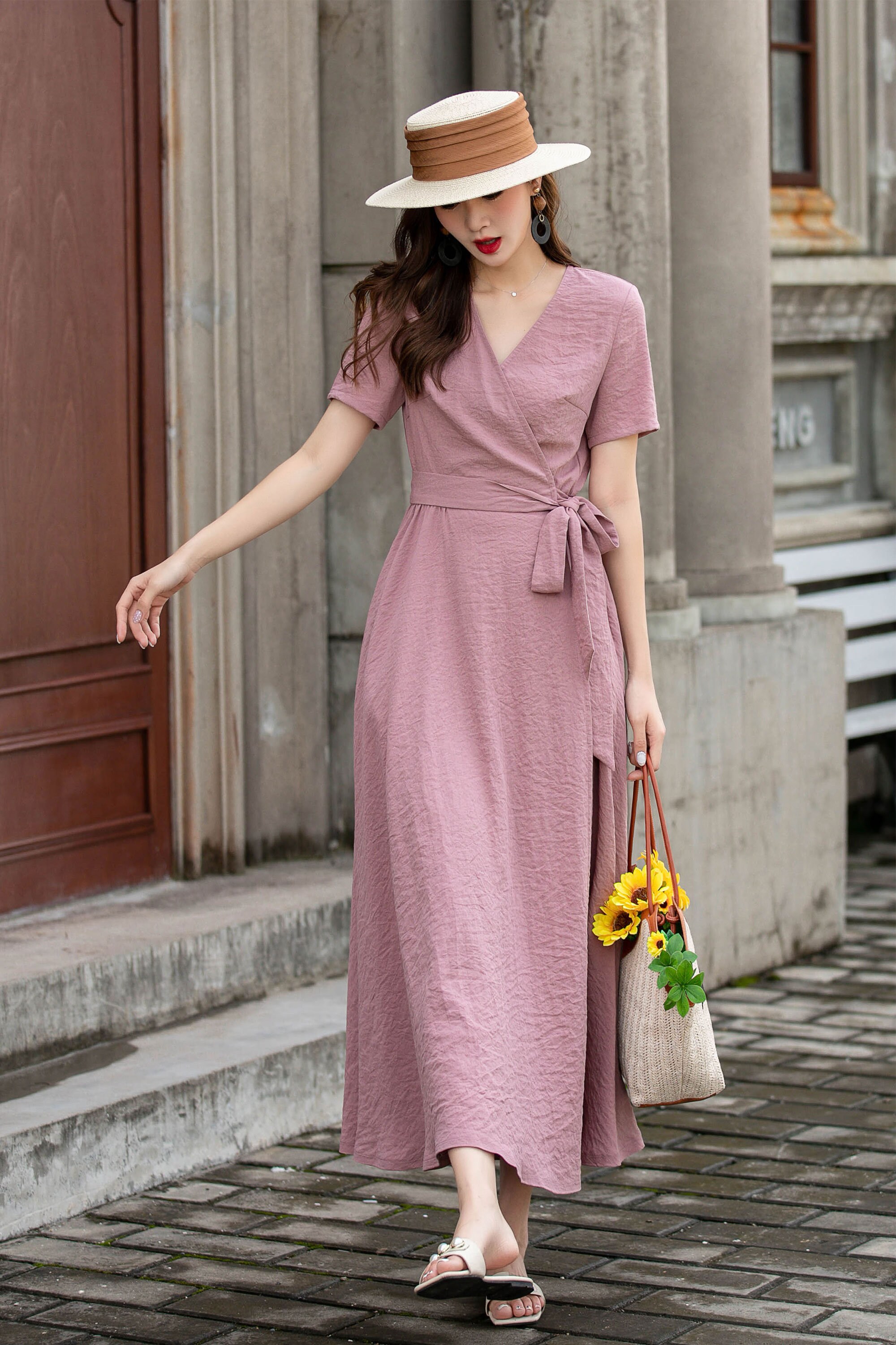 【HOUGA】dress Pink Gauzy Linen Botanical Dress | Women's Dresses | Brora