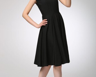 Little Black dress, Knee Length Swing dress, Cap sleeve Modest party dress from women, Summer Linen Midi dress, fit and flared dress 1263#