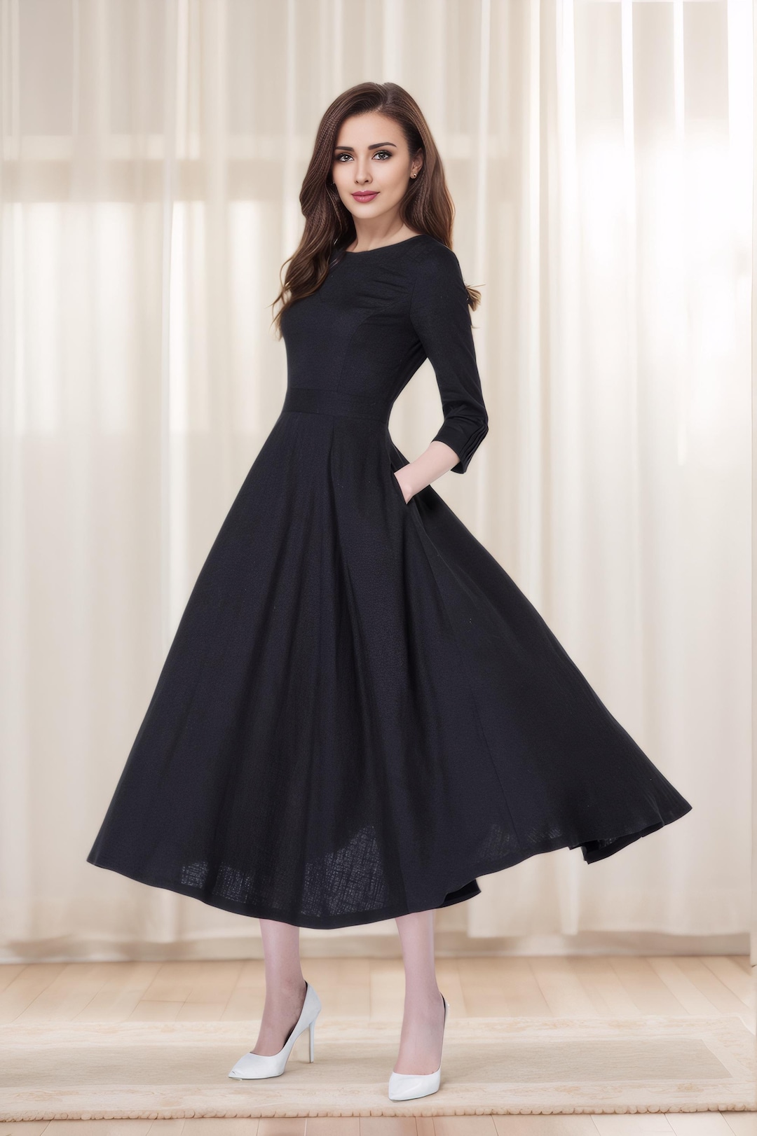 Vestido negro, vestido de lino, vestido largo, vestido plisado, vestido