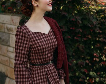 Plaid Wool Long Dress, Long Sleeve Wool Dress, Plaid Wool