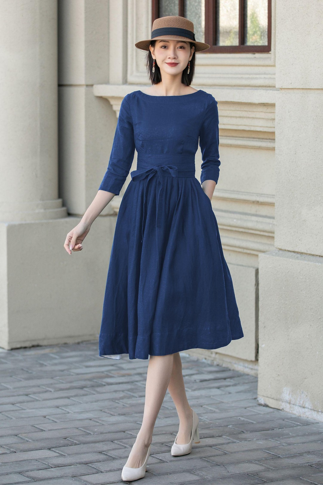 Midi Dress Swing Dress With Pleated Skirt Blue Linen Dress, Linen