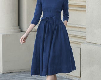 Blue Linen dress, Linen midi dress, Swing linen dress, Womens linen dress, Pleated dress, Spring linen dress, Custom dress, Xiaolizi 5747#