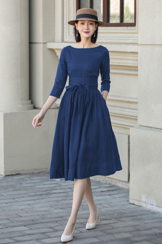 Linen Summer Midi Dress | Xs Blue Womens 5747 Handmade by Xiaolizi Linen Summer Midi Dress | Xs Blue Womens 5747 Handmade by Xiaolizi