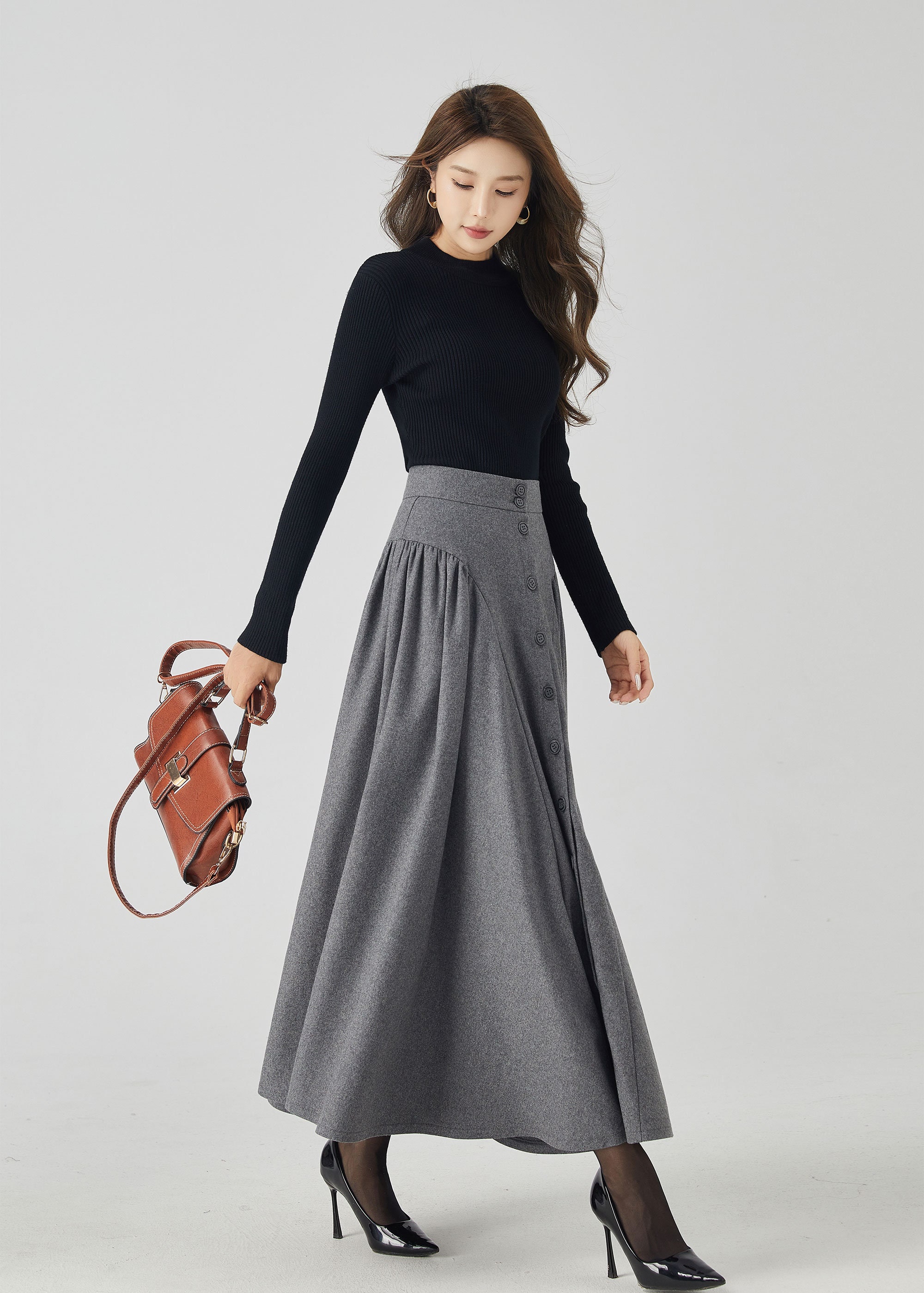 Wool Skirt, Long Wool Skirt, Wool Maxi Skirt, Button Down