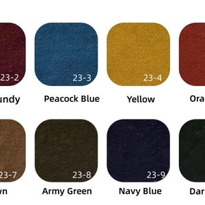 May include: A color palette featuring eight fabric swatches in various shades. Colors include burgundy, peacock blue, yellow, orange red, brown, army green, navy blue, and dark green. Each swatch is labeled with a number and color name.