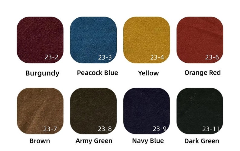 May include: A color palette featuring eight fabric swatches in various shades. Colors include burgundy, peacock blue, yellow, orange red, brown, army green, navy blue, and dark green. Each swatch is labeled with a number and color name.