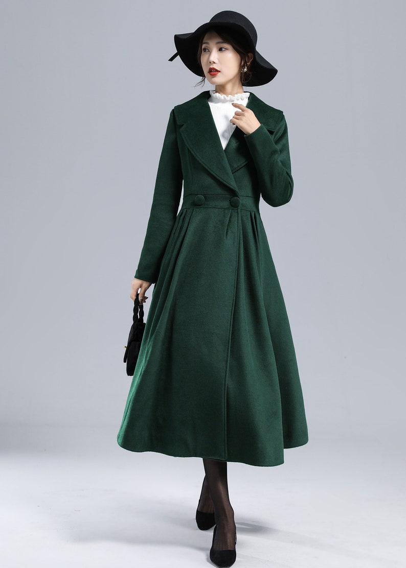 Dark Green Wool Princess Coat Long Wool Coat Fit and Flare | Etsy