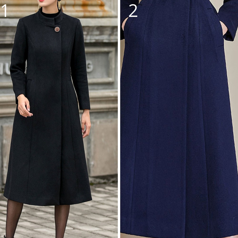 Long Wool Coat Women, Stand Collar Coat, Black Trench Coat, Fitted