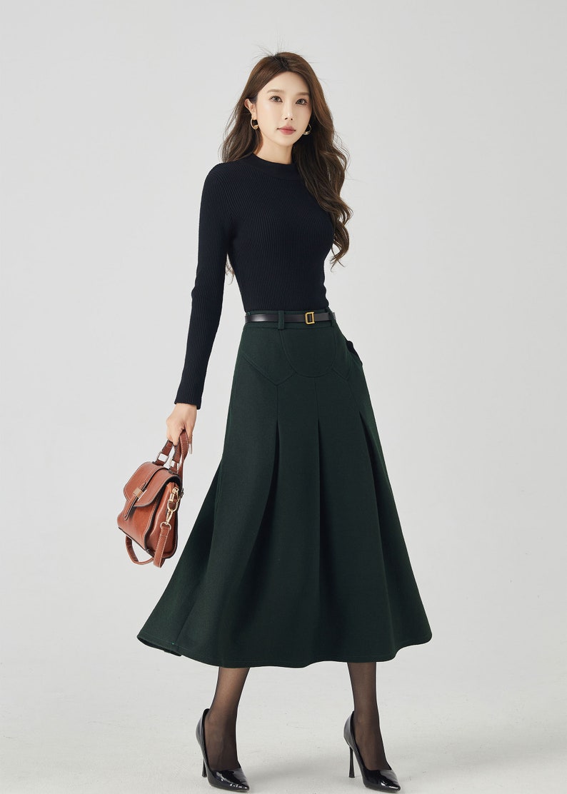 Midi Wool Skirt, Pleated Wool Skirt, Dark Green Skirt with Pockets, Womens Swing Skirt, Autumn Winter Skirt, Custom Skirt, Xiaolizi 4532 image 4