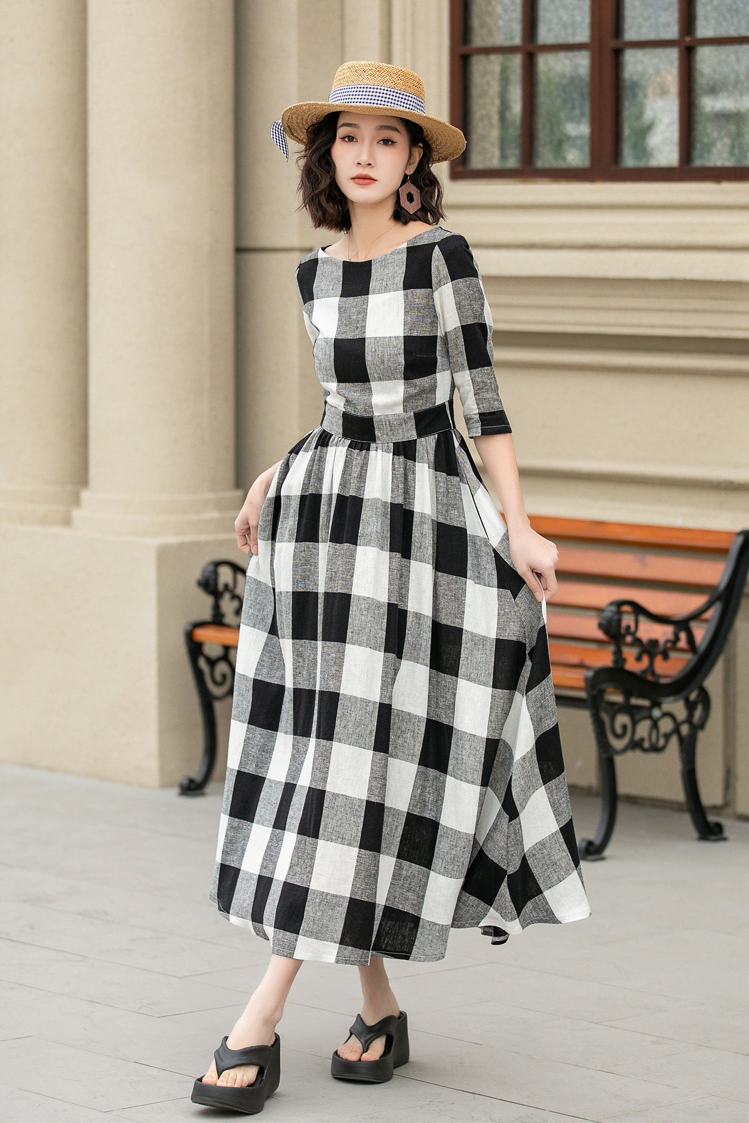 Linen Summer Midi Dress | Xs Plaid Half Sleeves Spring 4953 Handmade by Xiaolizi