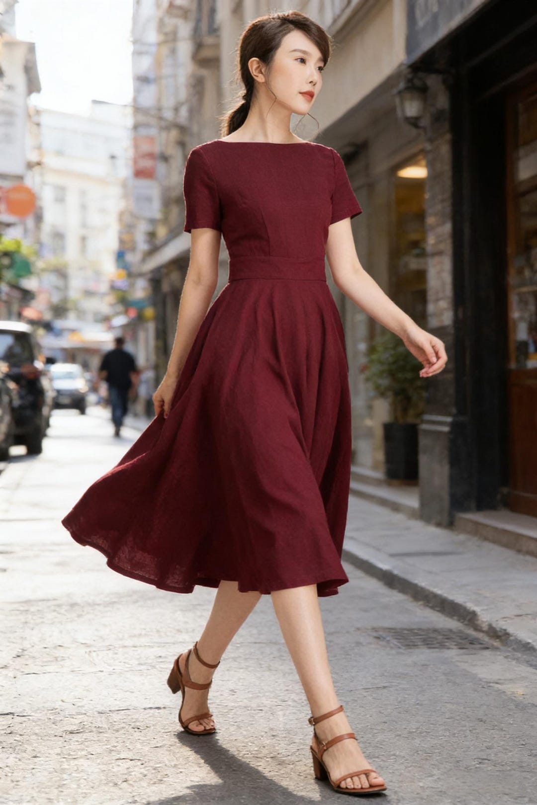 Fit and Flare Midi Dress in Burgundy, Boat Neck Swing Dress with Pockets, Short Sleeve Party Dress, Mother of The Bride Dress 2336#