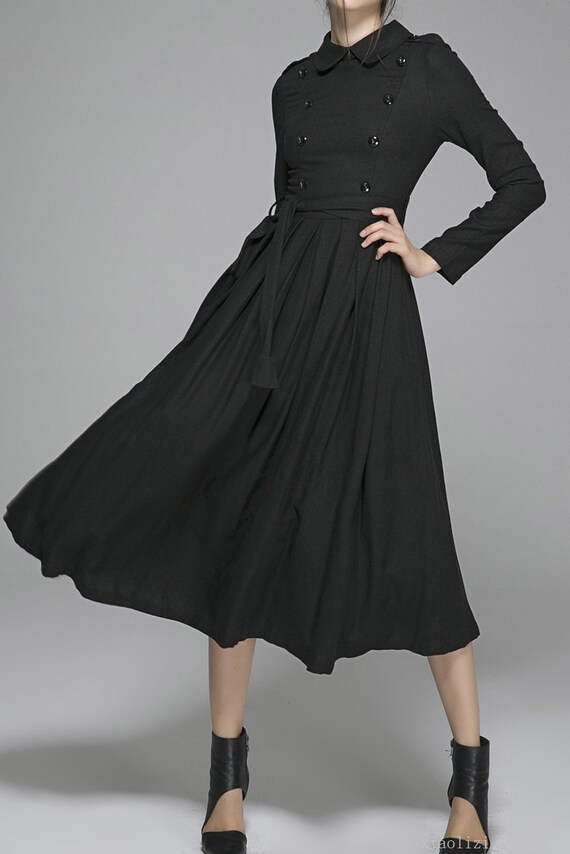 Black dress linen dress fall dress long sleeves dress tie | Etsy