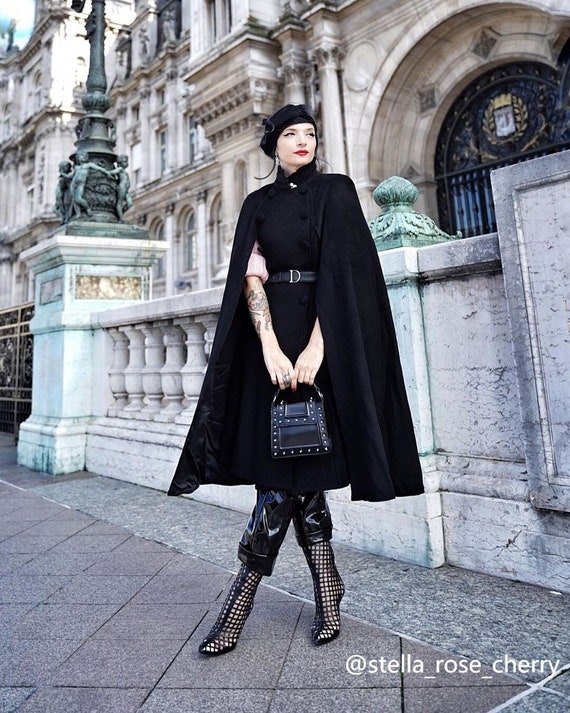 Black Wool Cape Coat for Women, Plus Size Wool Cape Cloak Coat