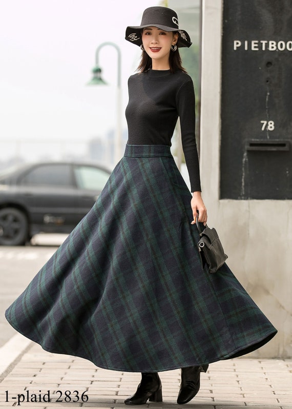 Vintage Inspired Long Wool Plaid Skirt, 1950s Winter Maxi Wool