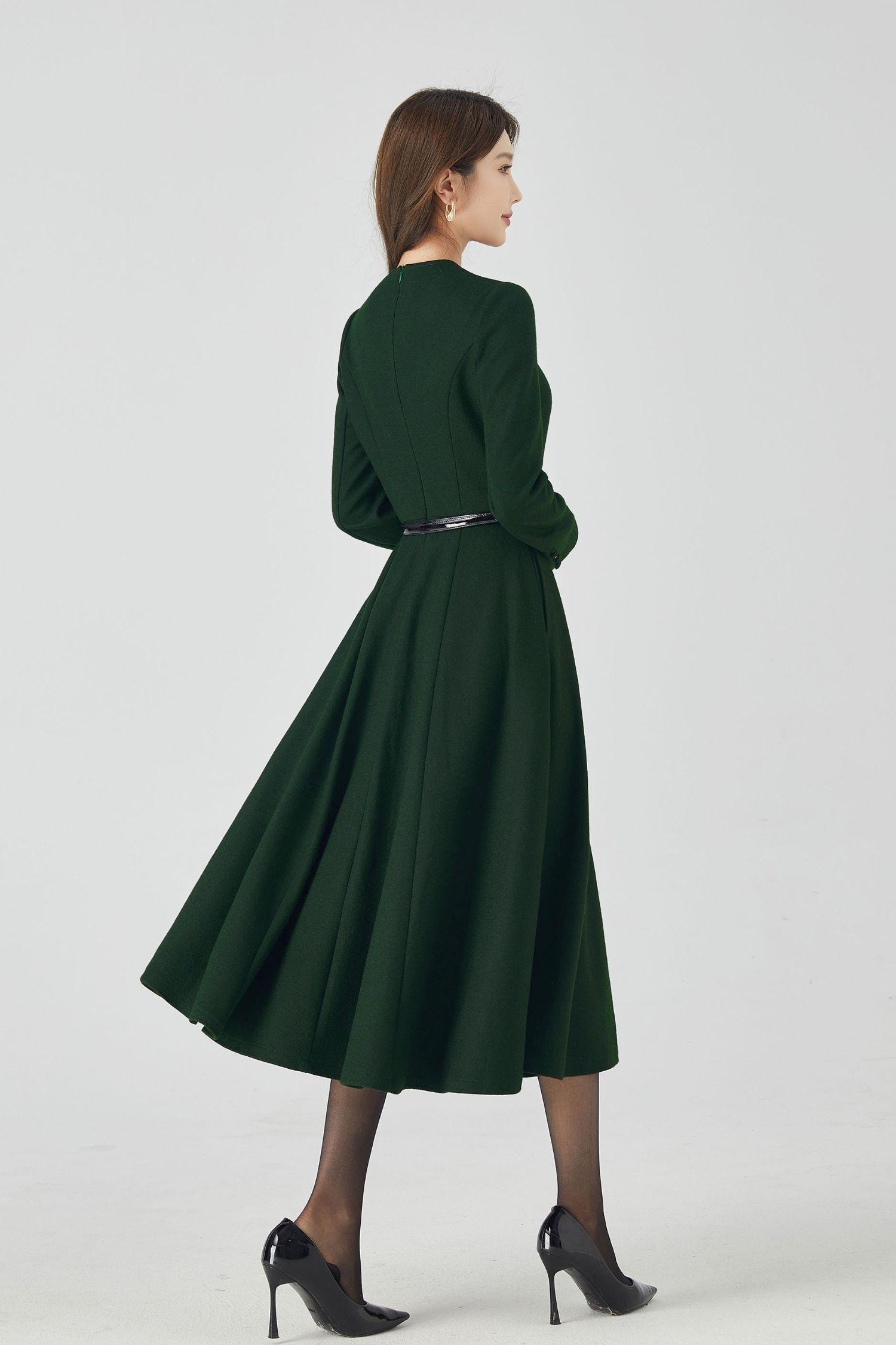 Dark Green Long Wool Dress, Wool Midi Dress, Winter Wool Dress, Womens Wool Dress, Handmade Dress, Long Sleeve Dress, Custom Dress 4522 Dark Green Long Wool Dress, Wool Midi Dress, Winter Wool Dress, Womens Wool Dress, Handmade Dress, Long Sleeve Dress, Custom Dress 4522