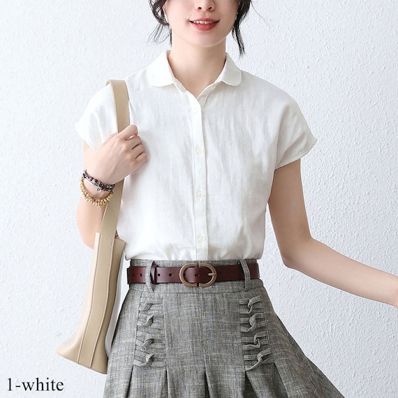 Handmade plaid Linen Blouse with Cap Sleeves 2891 Handmade plaid Linen Blouse with Cap Sleeves 2891